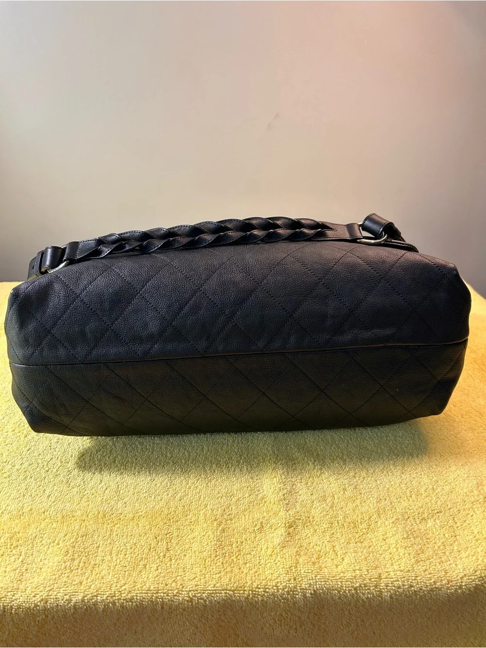Authentic CHANEL Black Quilted Leather Shoulder Bag with Silver-Tone CC